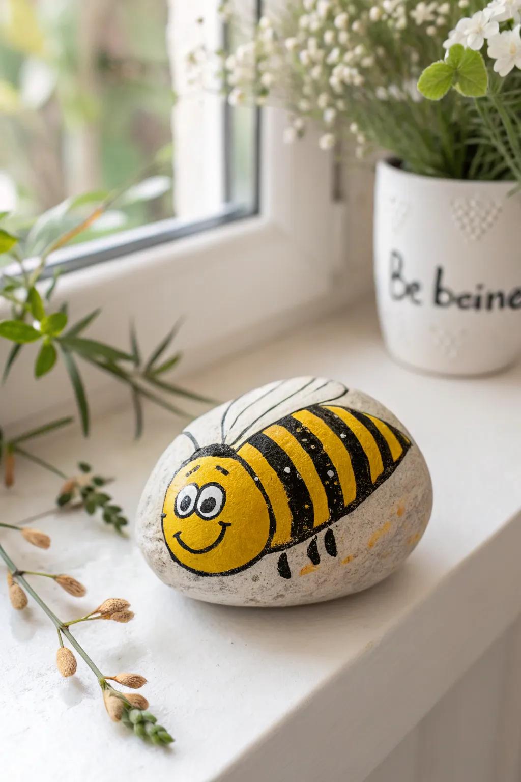 Celebrate nature's pollinators with this charming bee rock art.