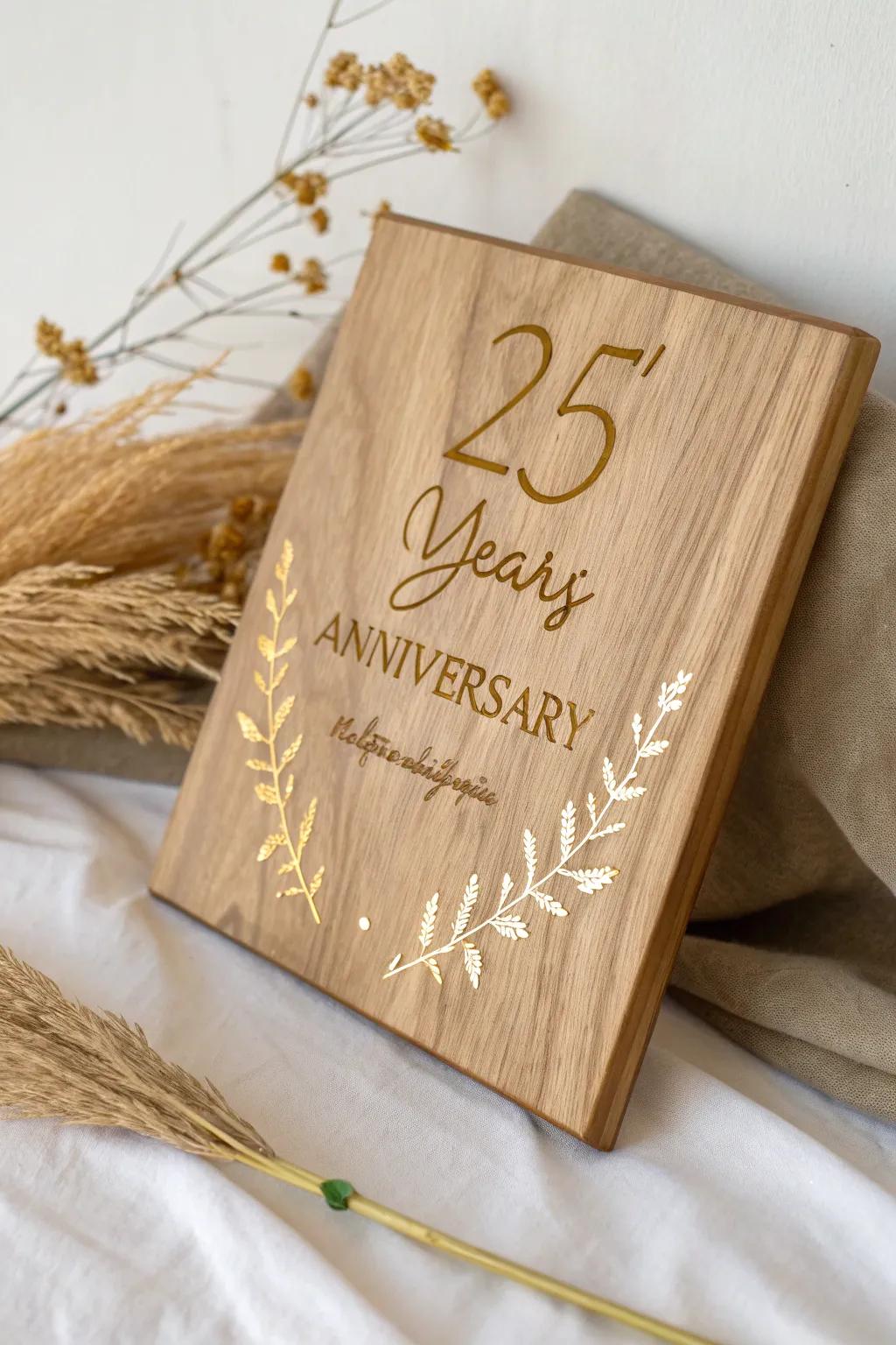 Celebrate love with timeless elegance: A handcrafted anniversary plaque in natural wood and gold.
