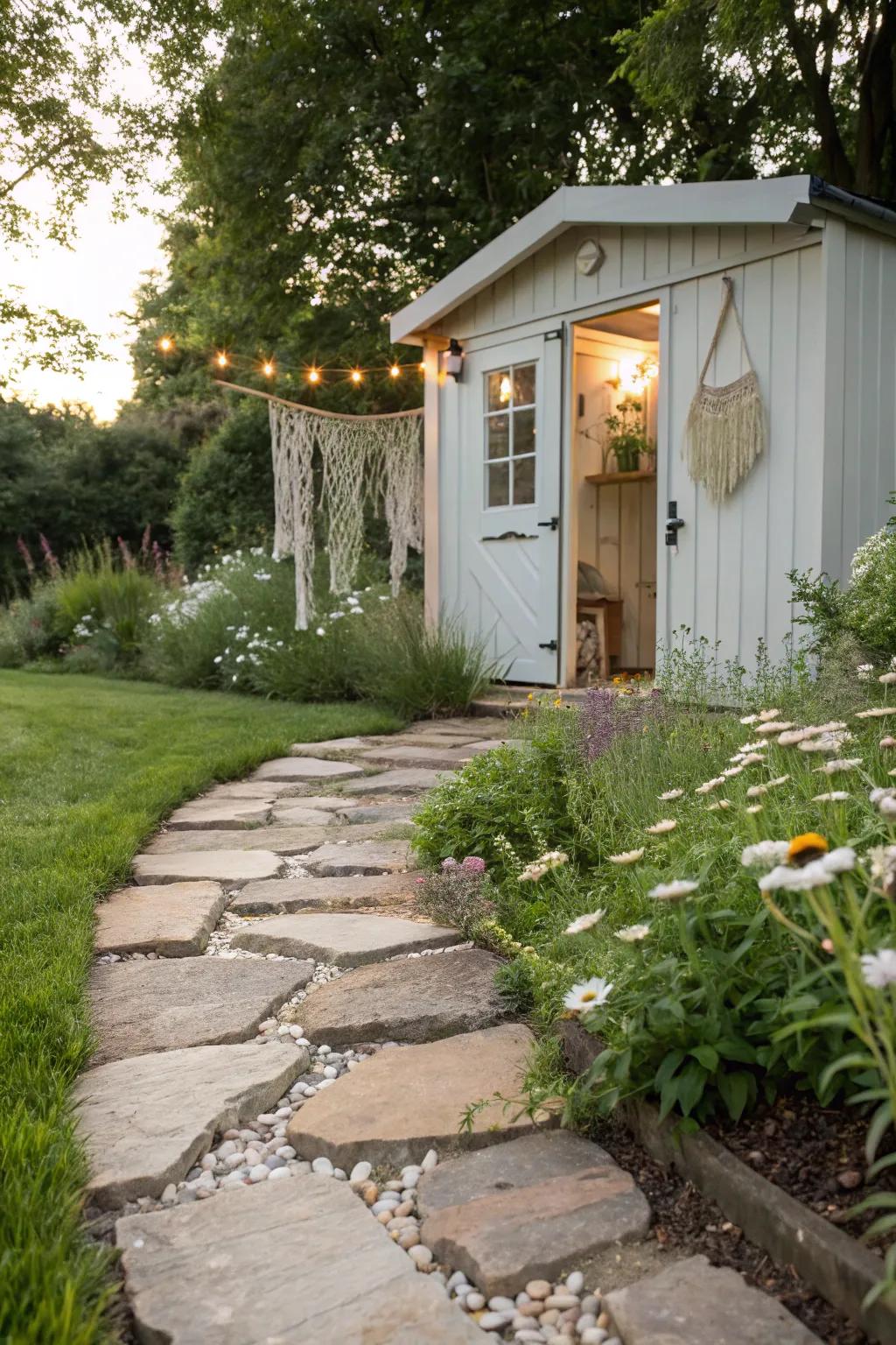 Step into your creative sanctuary with a whimsical stone pathway that whispers secrets of art and nature.