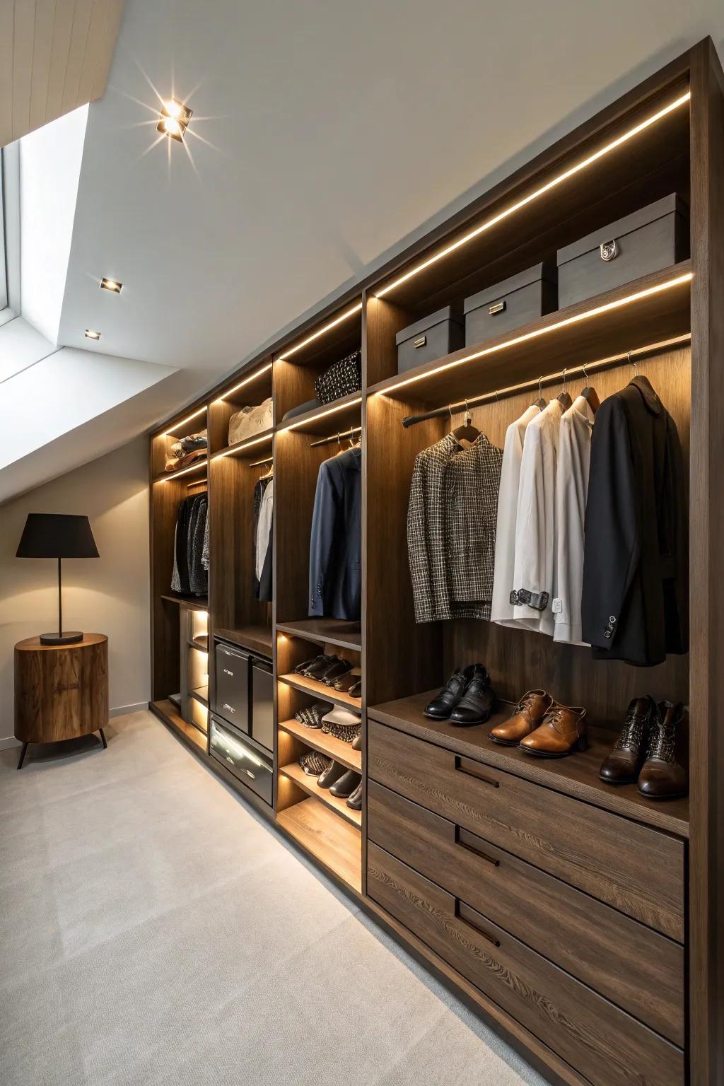 Transform your attic into a luxurious walk-in closet with smart storage solutions.