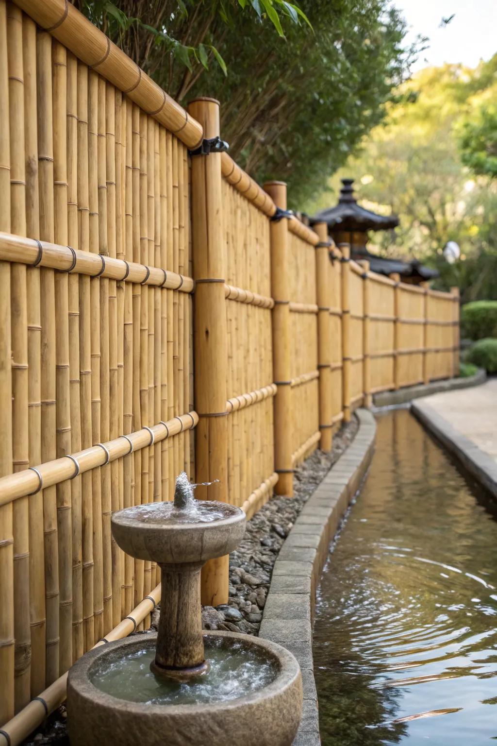 Transform your space into a tranquil oasis with a stunning bamboo fence and soothing water feature.