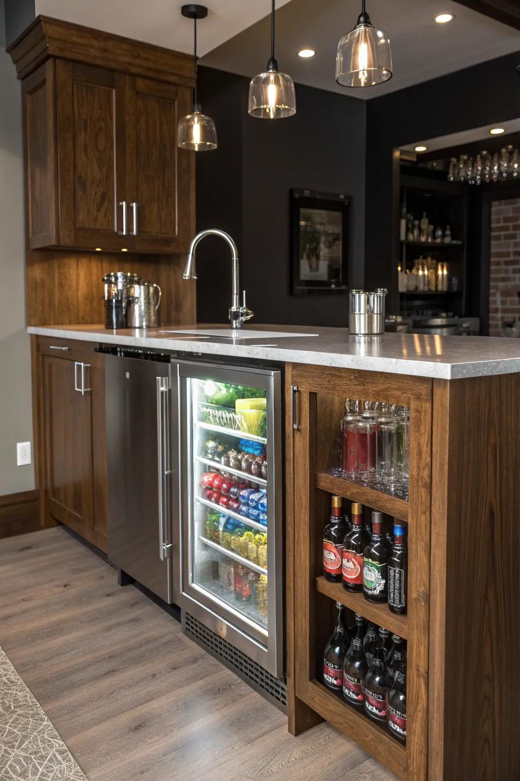 Elevate your basement bar with smart appliance integration for the ultimate convenience and style.