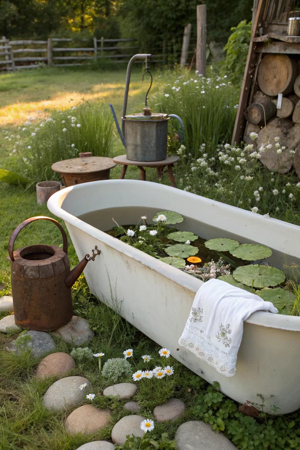 Transform your garden with a rustic farmhouse bathtub pond—where nostalgia meets natural beauty.