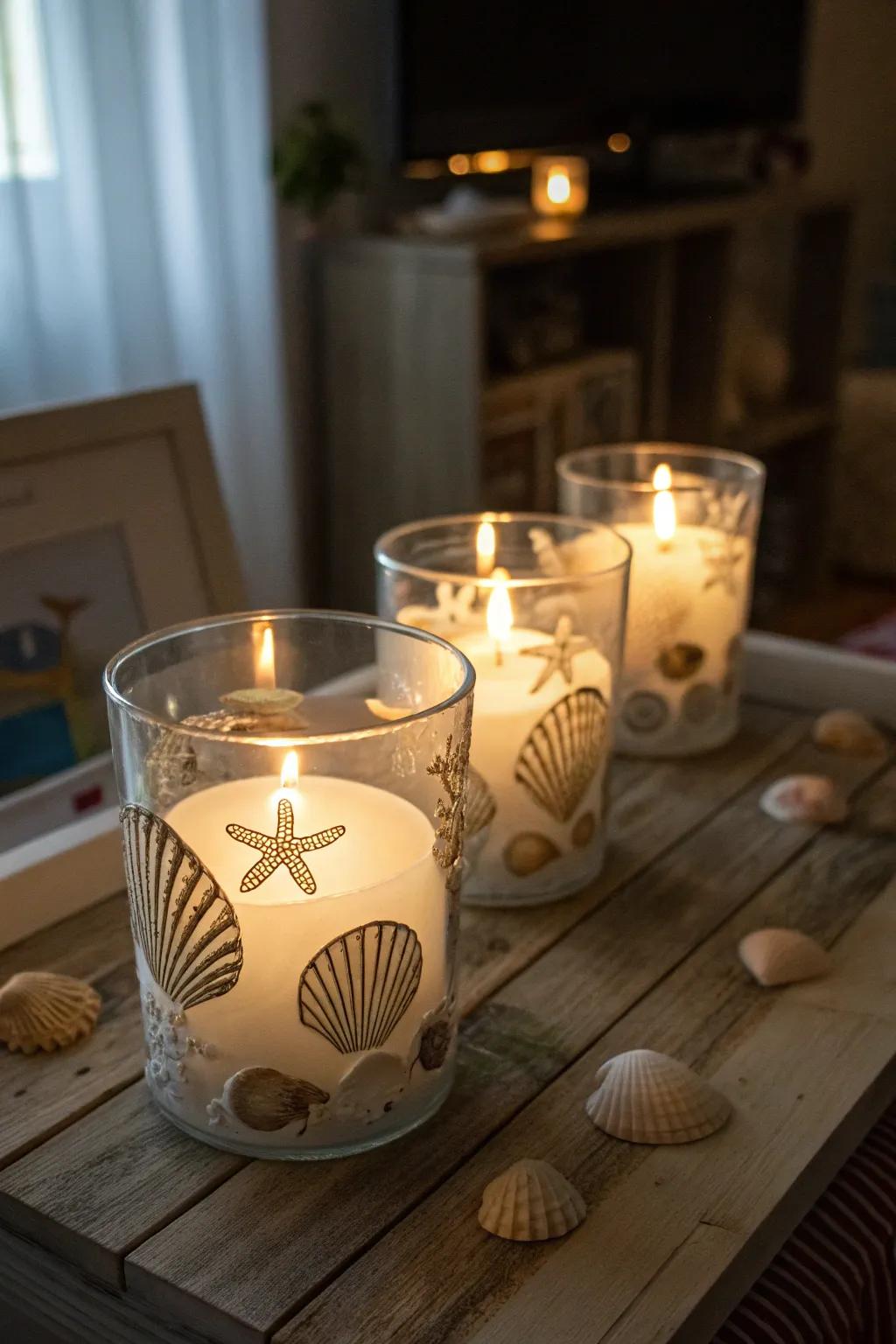 Seashell candle holders bring a magical beach ambiance.
