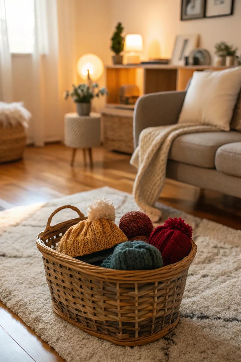 A woven basket adds a tactile element to your beanie display.