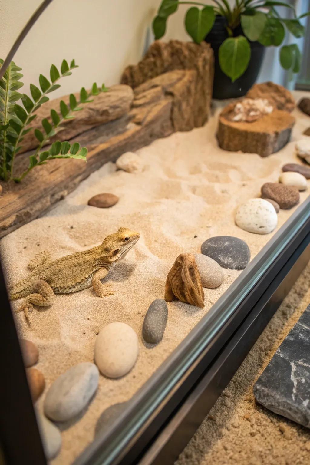 Embrace natural beauty with a sand and stone mix for your bearded dragon's home. 🦎✨ #MinimalistBoho #BeardedDragonBeauty