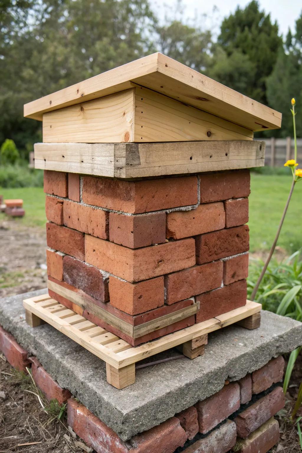 Elevate your beekeeping with this robust brick and beam hive stand, blending rustic charm with practicality.