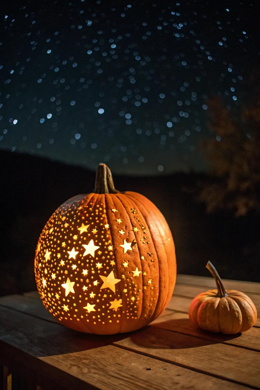 Illuminate your Halloween with a celestial pumpkin design that brings the night sky to life.
