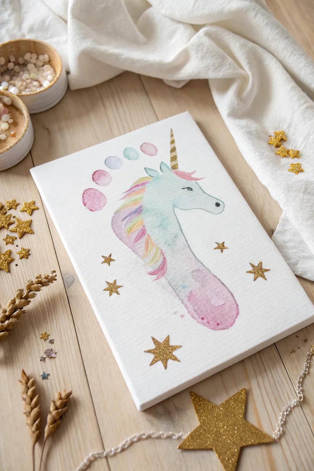 Step into a fairy tale world with this magical footprint unicorn art.