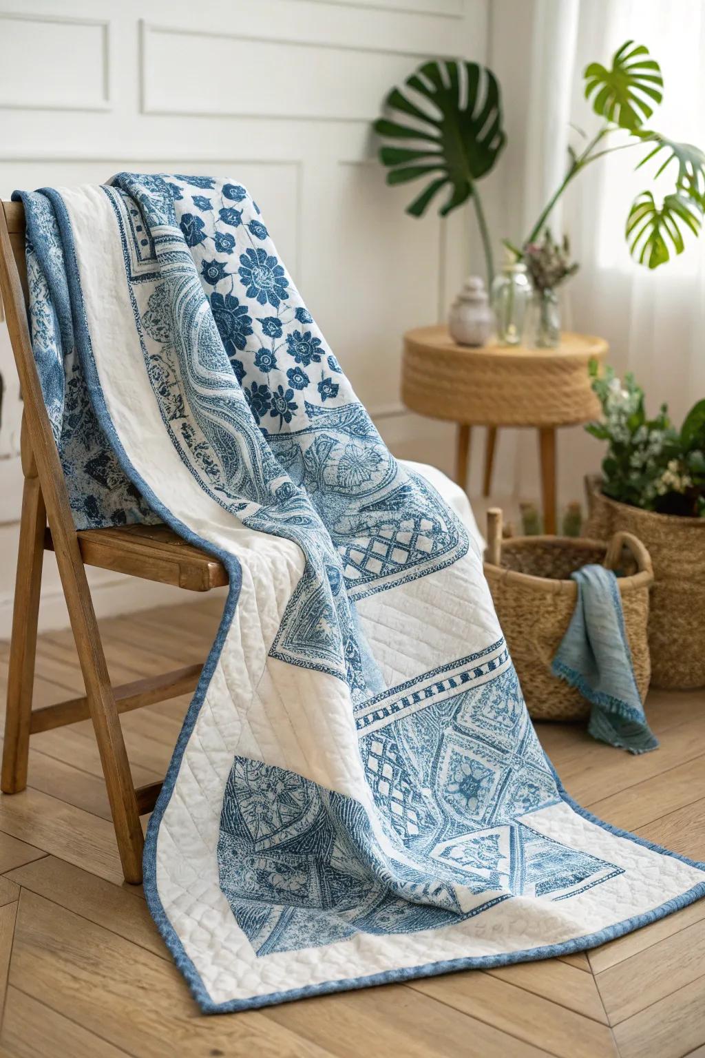 Embrace the elegance of batik beauty with this stunning blue and white quilt pattern.