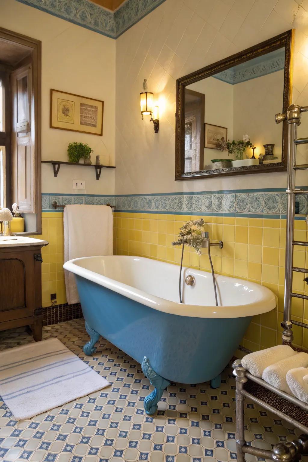 Vintage fixtures in blue and yellow add nostalgic charm to the bathroom.
