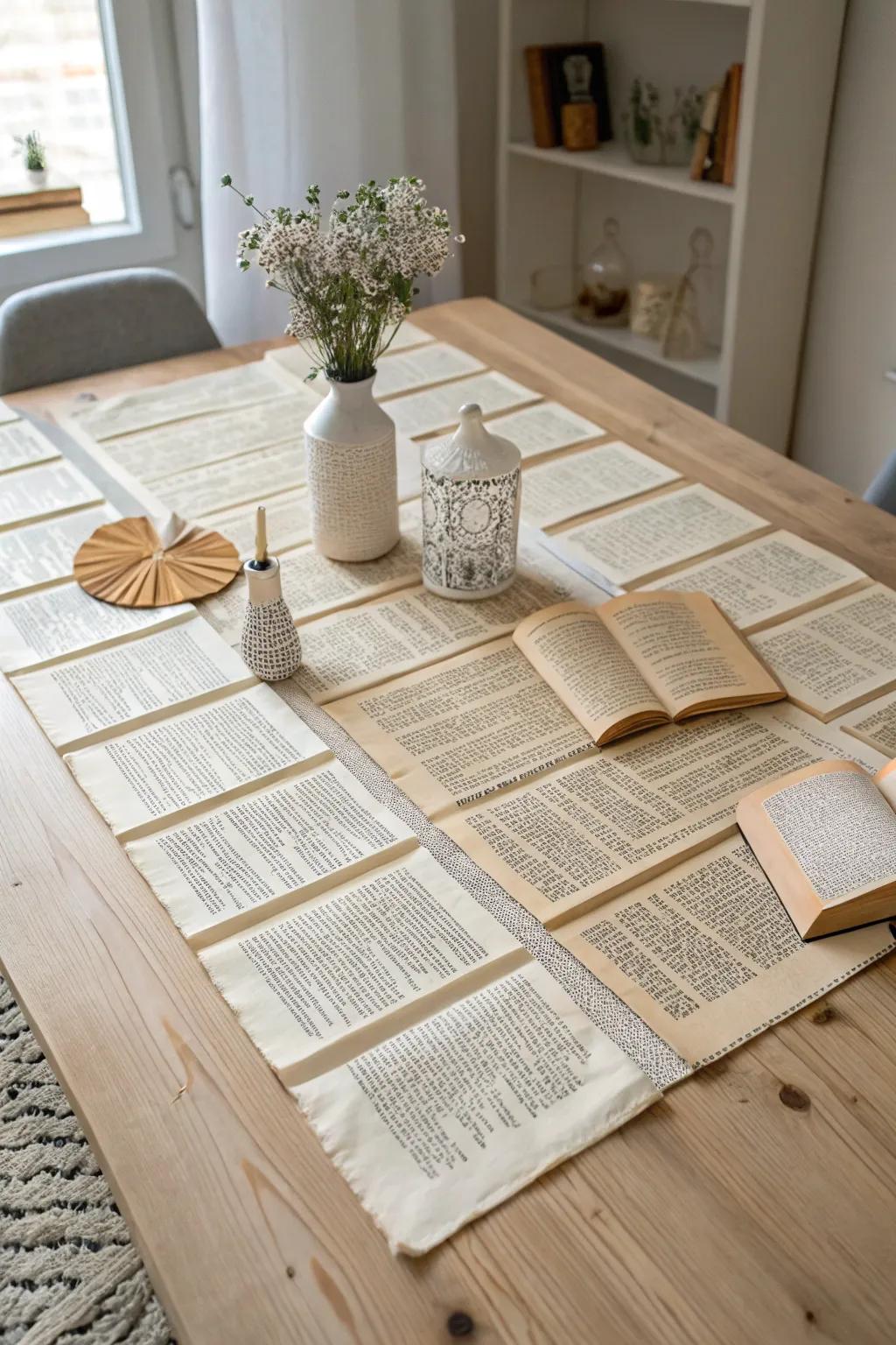 Transform your table with a poetic touch using a book page runner for a charming dinner setting.