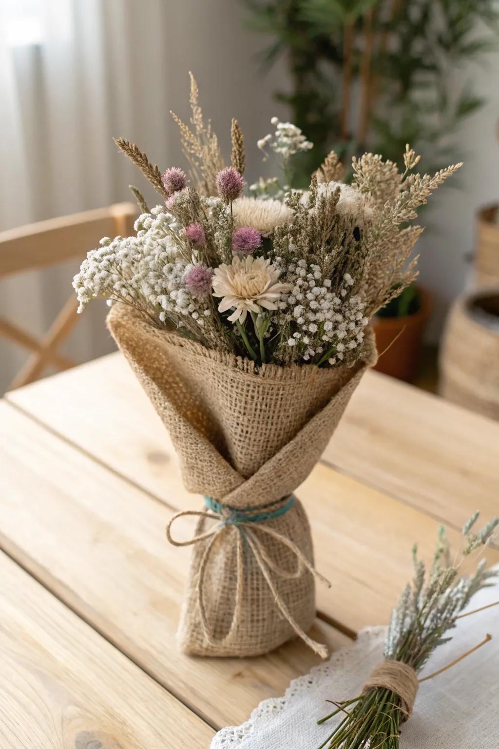 Embrace rustic elegance with a burlap-wrapped wildflower bouquet.