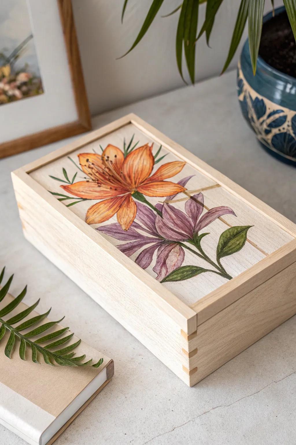 Transform your space into a tropical paradise with this beautifully painted floral box—where craftsmanship meets vibrant hues.