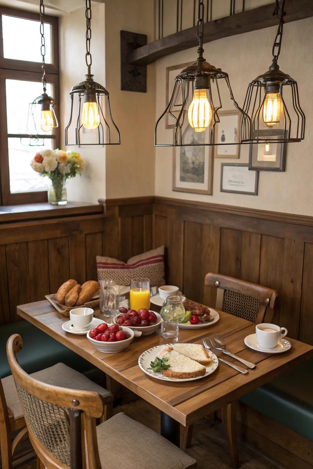 Vintage lighting fixtures adding charm to a breakfast nook.
