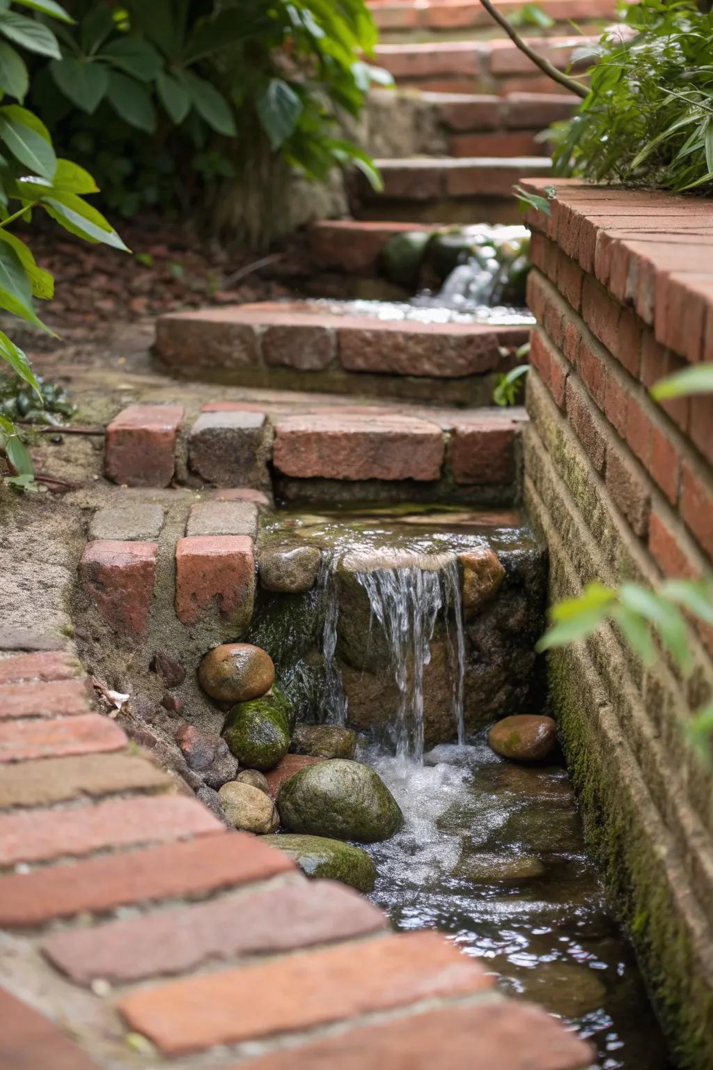 Elevate your garden with the soothing sounds of water cascading beside rustic brick steps.