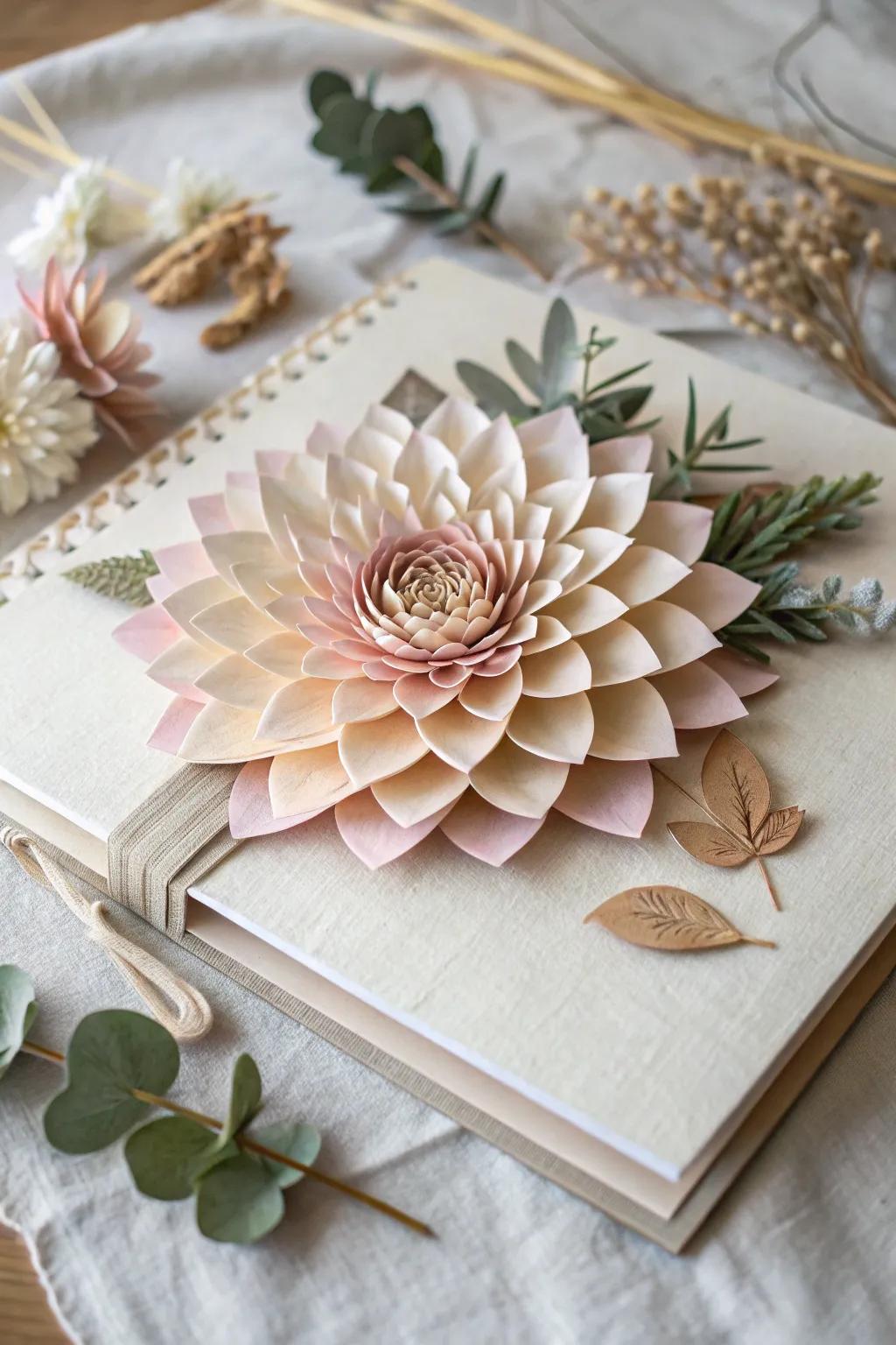 Transform your bridal scrapbook with three-dimensional elegance. Embrace the beauty of layered textures and natural elements.