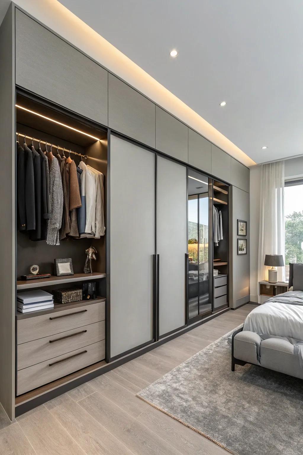 A full-height wardrobe that optimizes vertical space in a modern apartment.