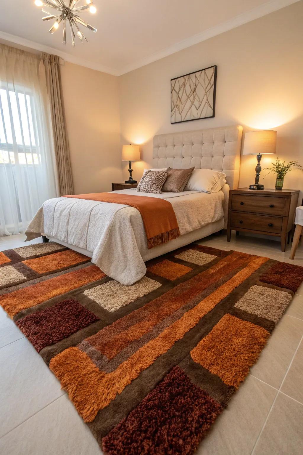 A burnt orange and brown rug ties the room together.