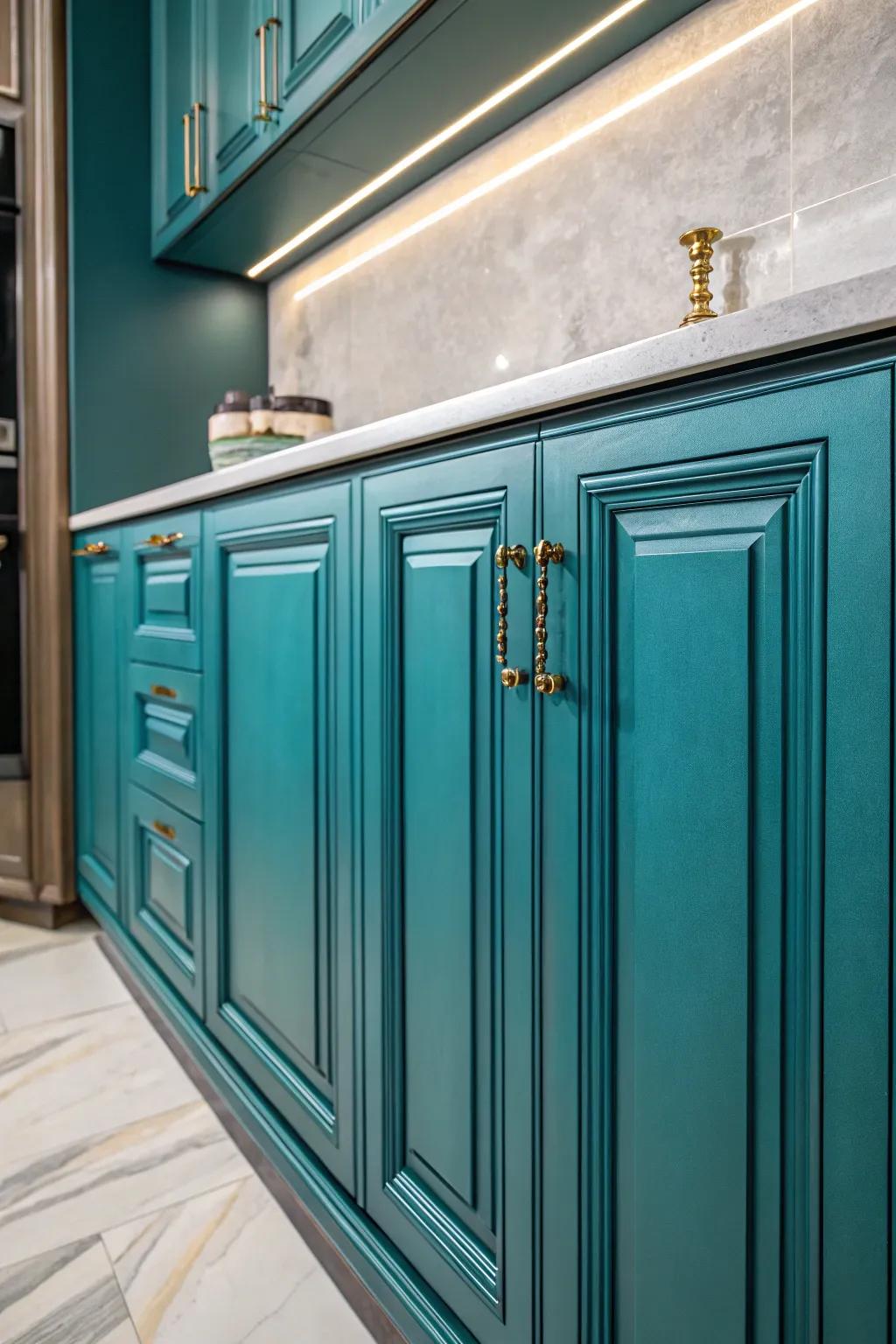 Transform your kitchen with bold teal cabinets for a striking and artistic ambiance.