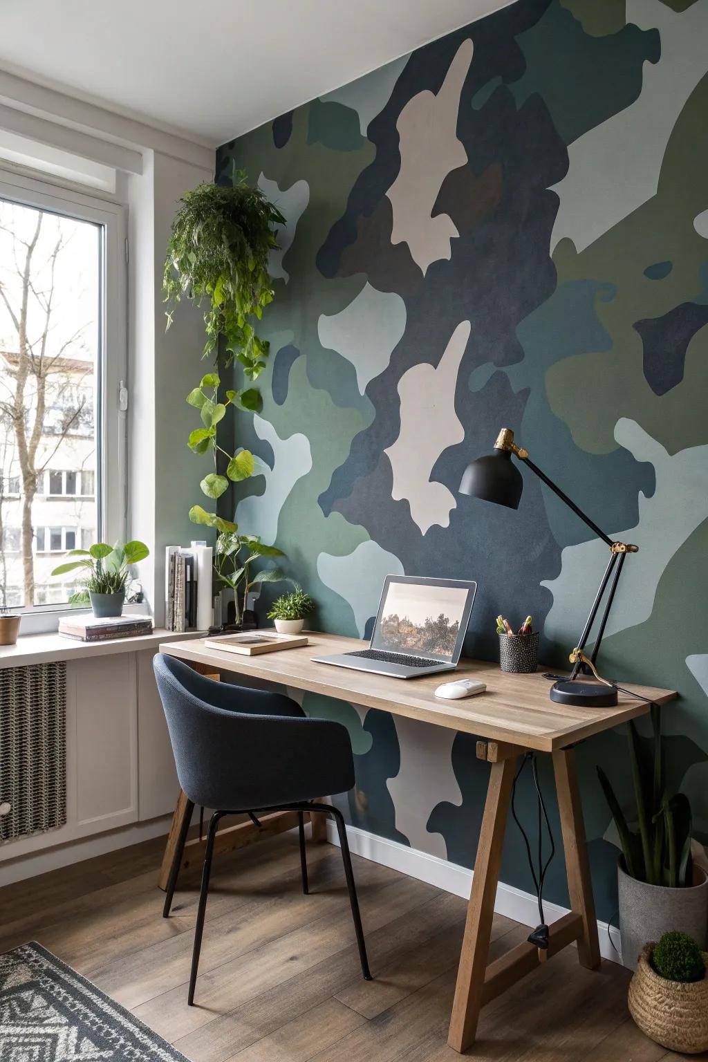 Transform your workspace with a bold camouflage backdrop—where creativity meets professionalism.