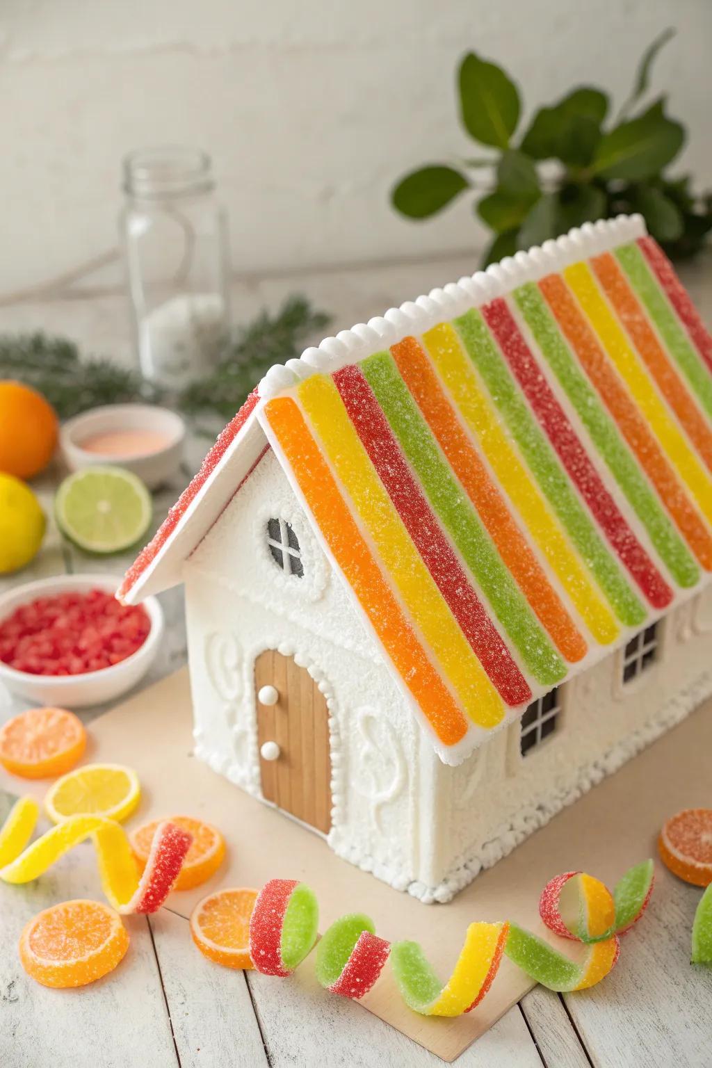 A zesty twist to your candy house dreams: the vibrant fruit-striped roof.