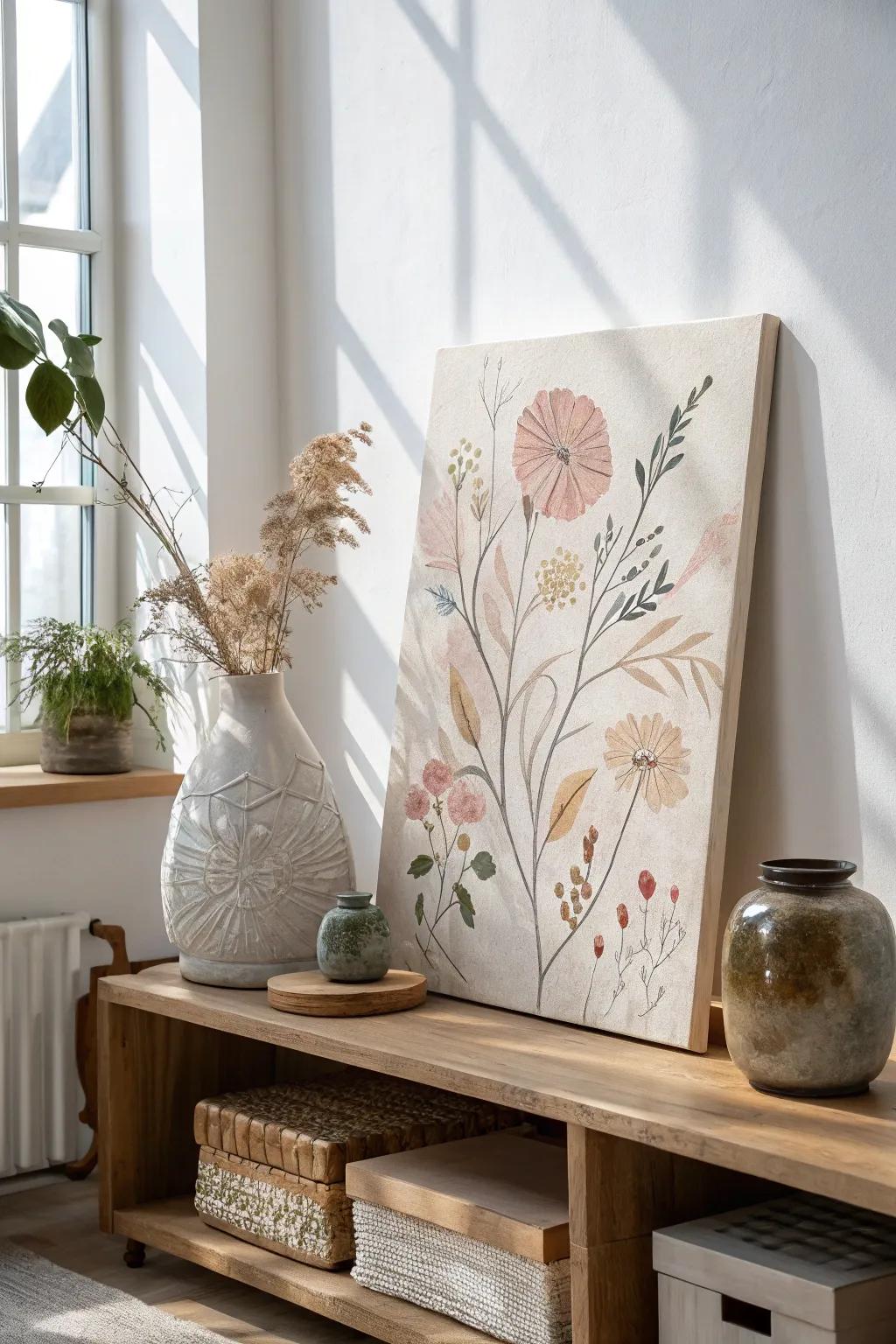 Discover the beauty of mixed media: where paint meets fabric and paper in elegant harmony.