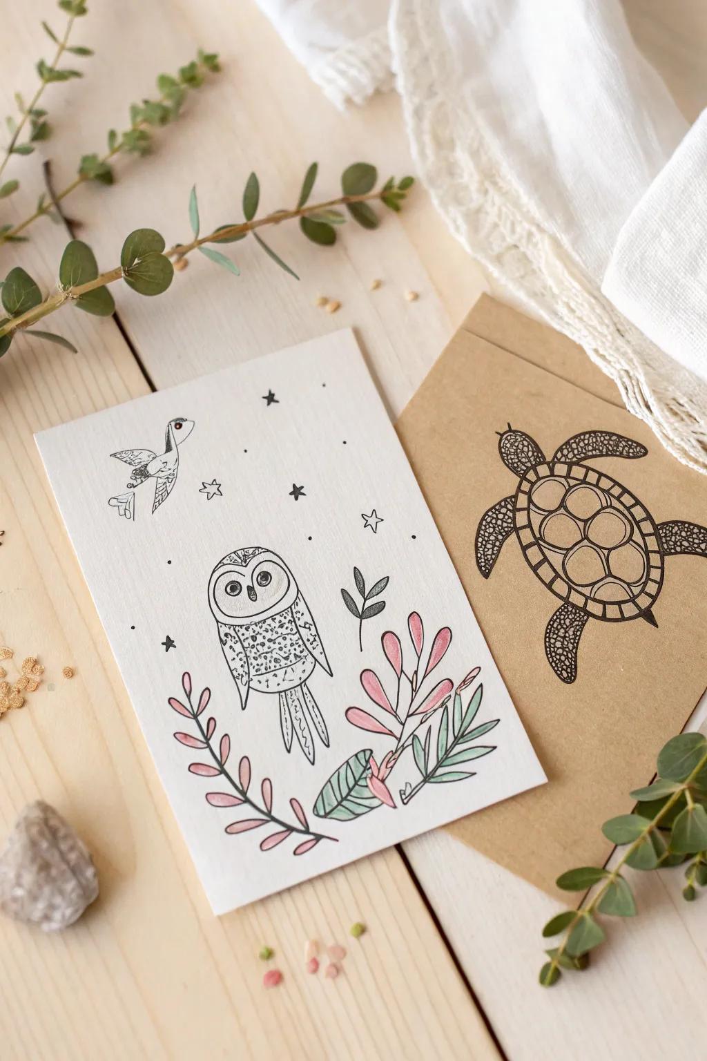 Charming Animal Doodles: Add a whimsical touch to your teacher's card with these adorable owl and turtle illustrations.