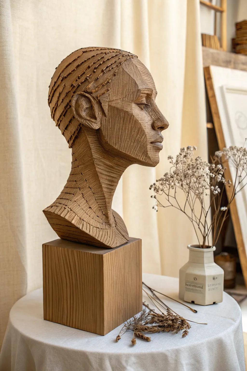 Discover the art of cardboard: A stunning human bust that blends minimalist design with boho charm.
