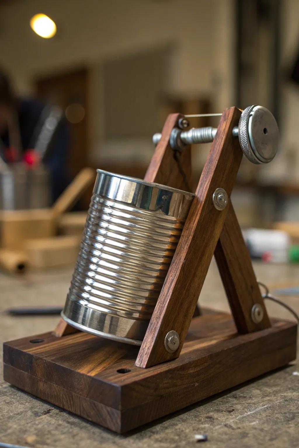 Elevate your designs with this eco-friendly upcycled tin can catapult base.