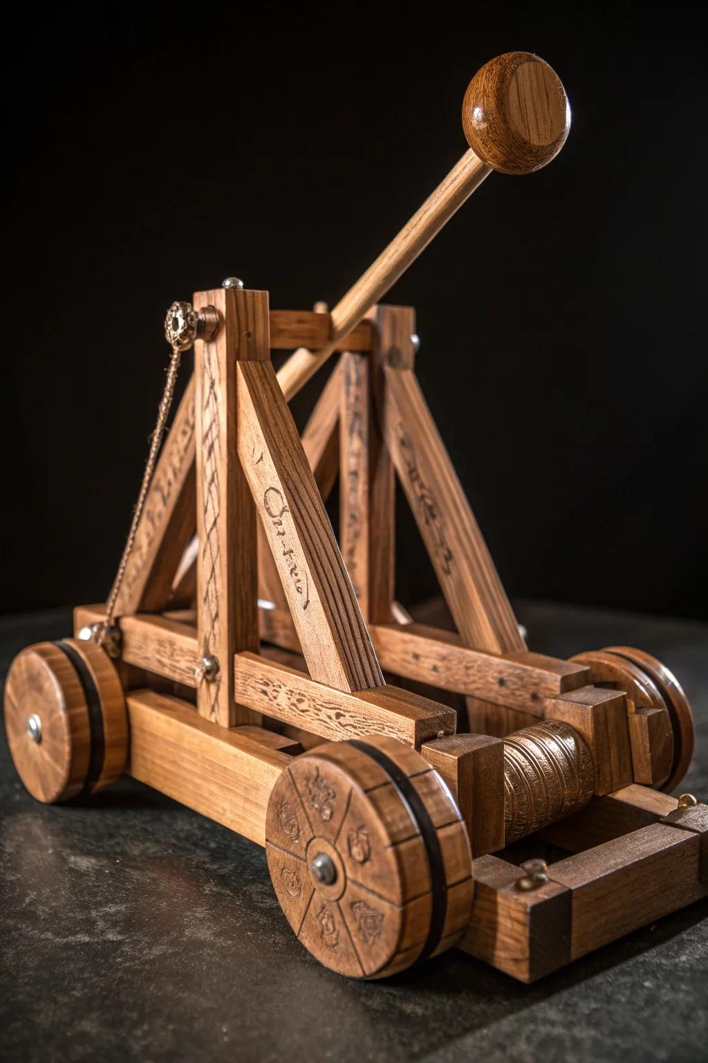 Bring a touch of the medieval era to your home with this elegantly designed wooden catapult.
