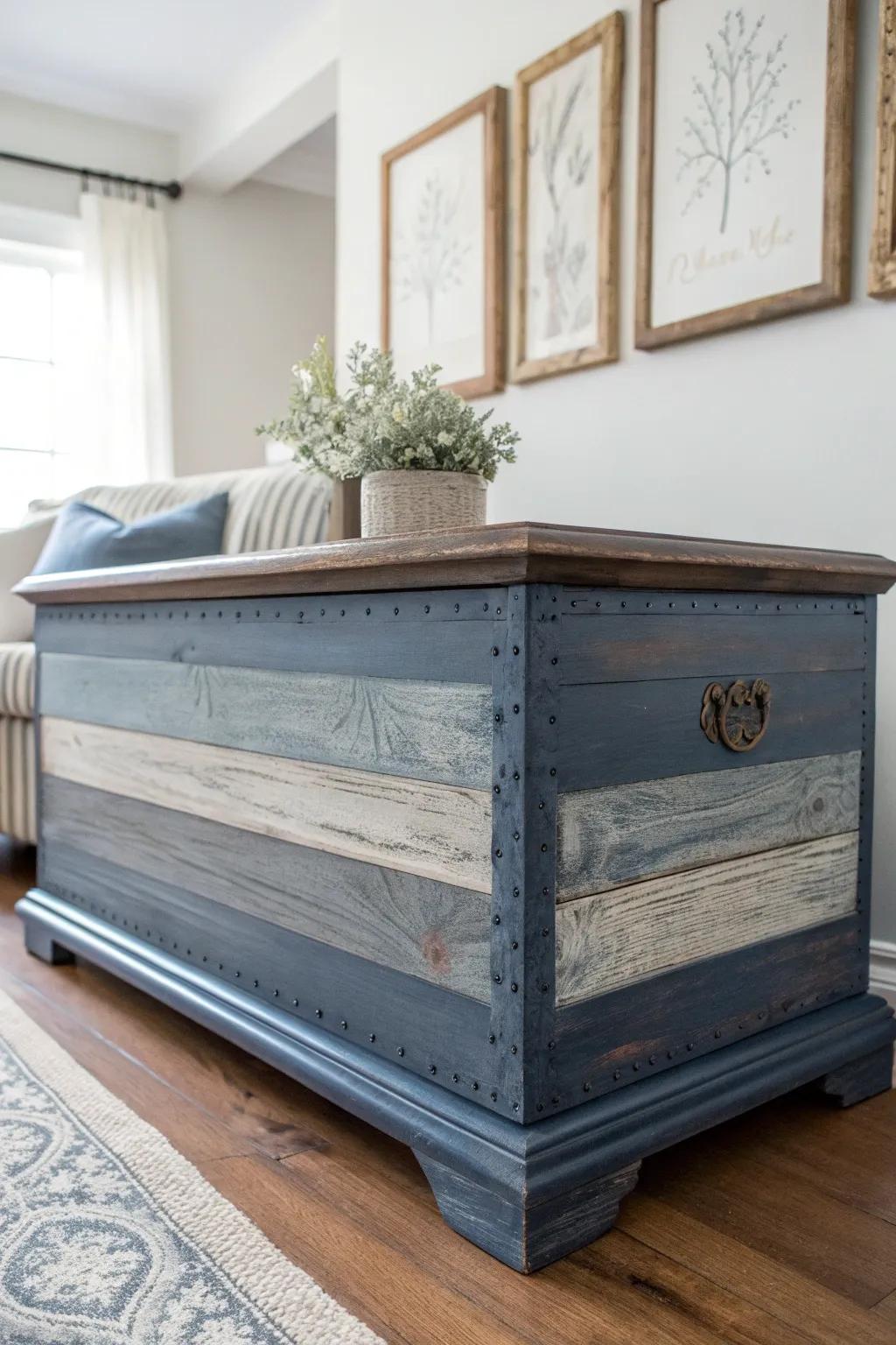 Transform your cedar chest with a stunning layered paint technique—where deep blues meet soft grays for a masterful makeover.
