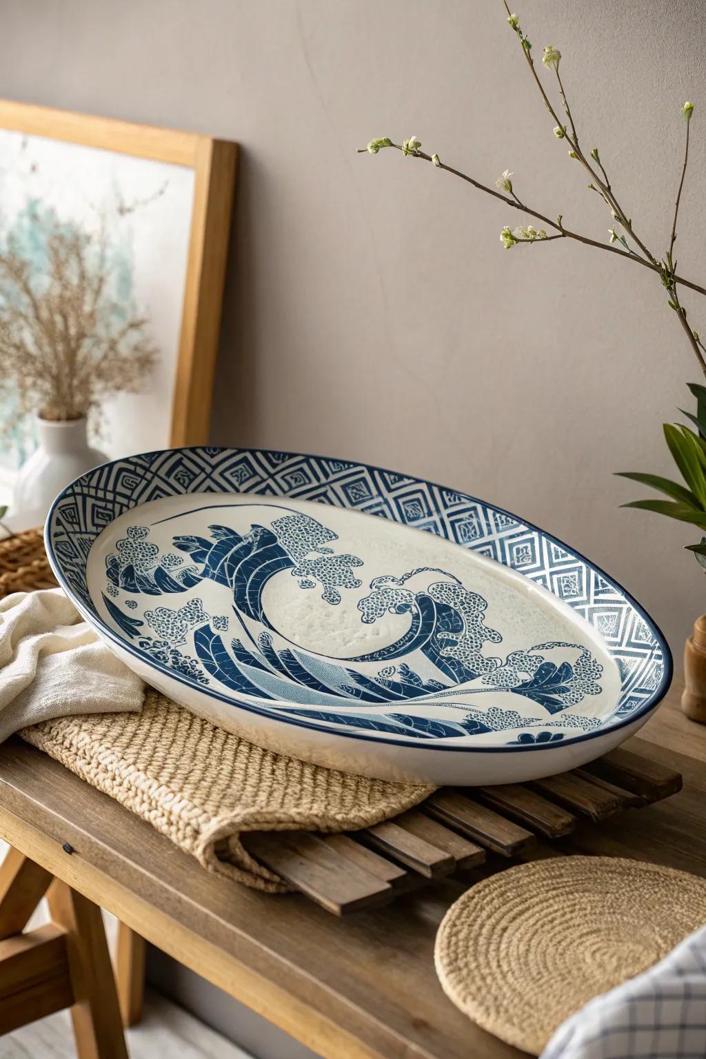 Embrace the art of simplicity with a ceramic platter inspired by traditional Japanese waves. Perfect for adding cultural elegance to your space.