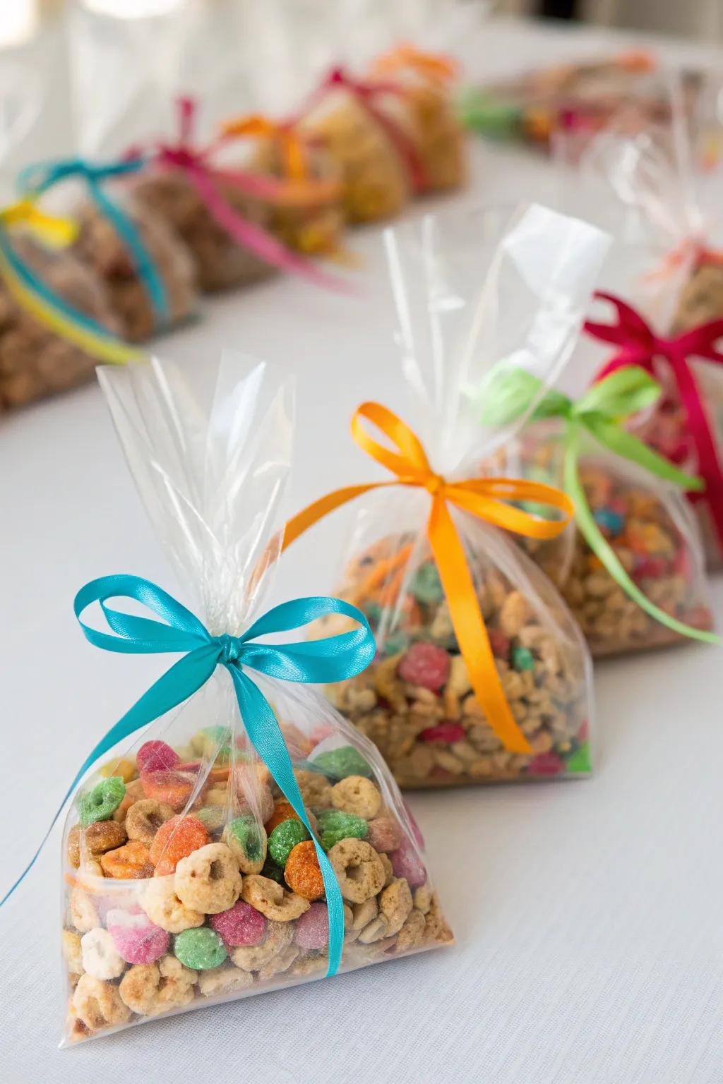Small bags of mixed cereals tied with colorful ribbons as party favors.