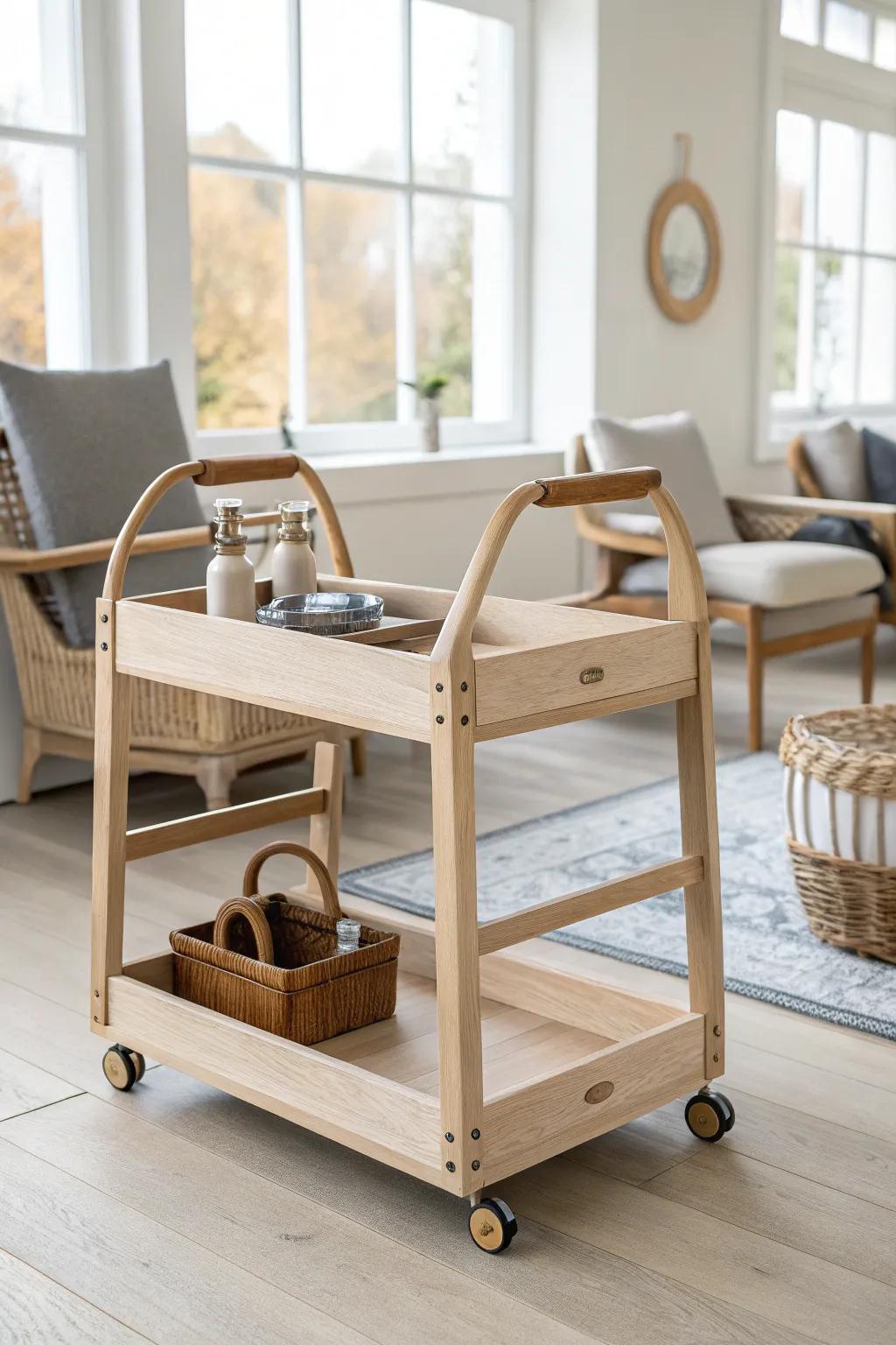 Effortlessly stylish and functional: Elevate your chair storage with a minimalist rolling cart.