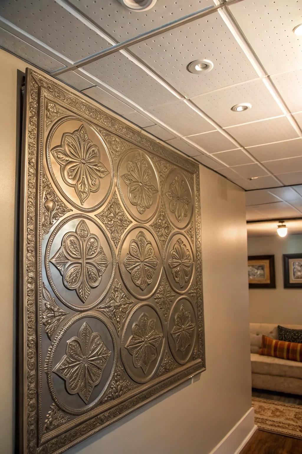 Elevate your basement's charm with the timeless elegance of embossed tin panels.