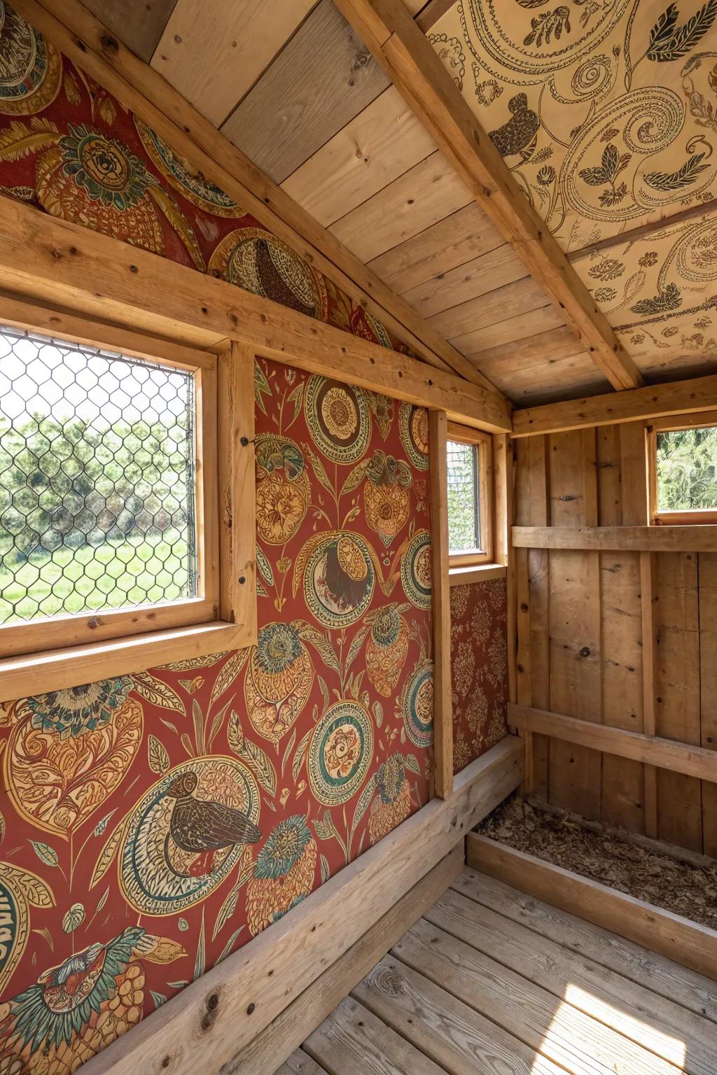 Elevate your chicken coop with a touch of style—add wallpaper for an unexpected twist!