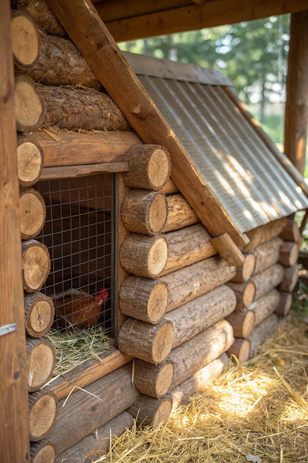 Bring a touch of rustic charm to your coop with a log cabin style chicken roost!