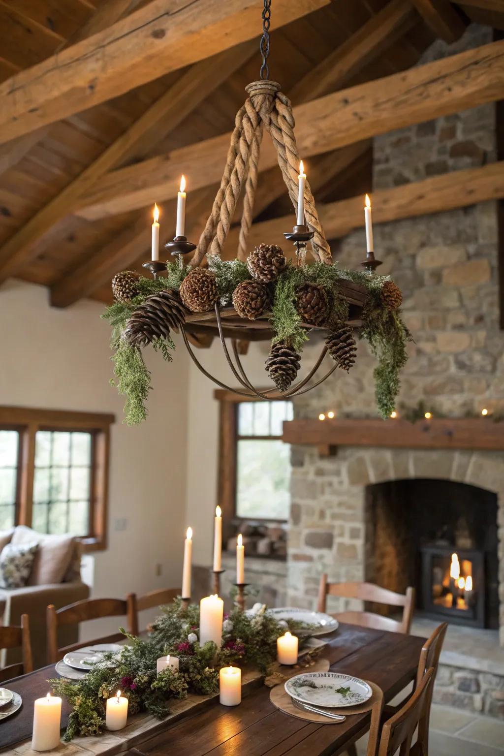 Pinecones and twine lend a rustic charm to a chandelier.