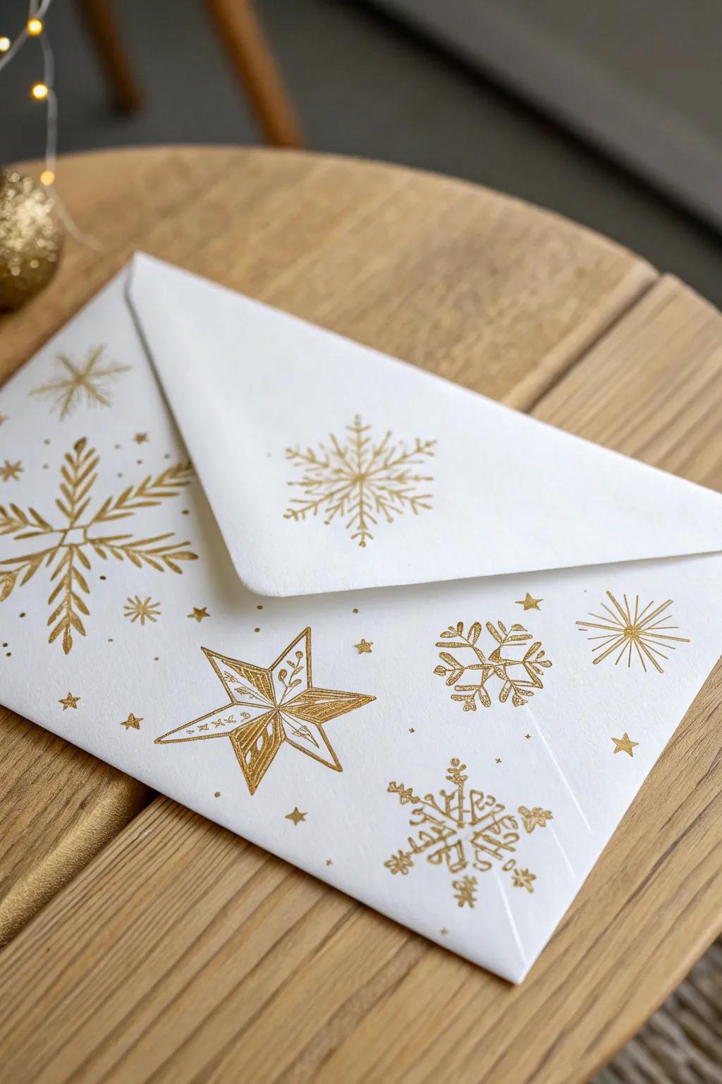 Embrace festive elegance with golden glamour on your holiday envelopes.