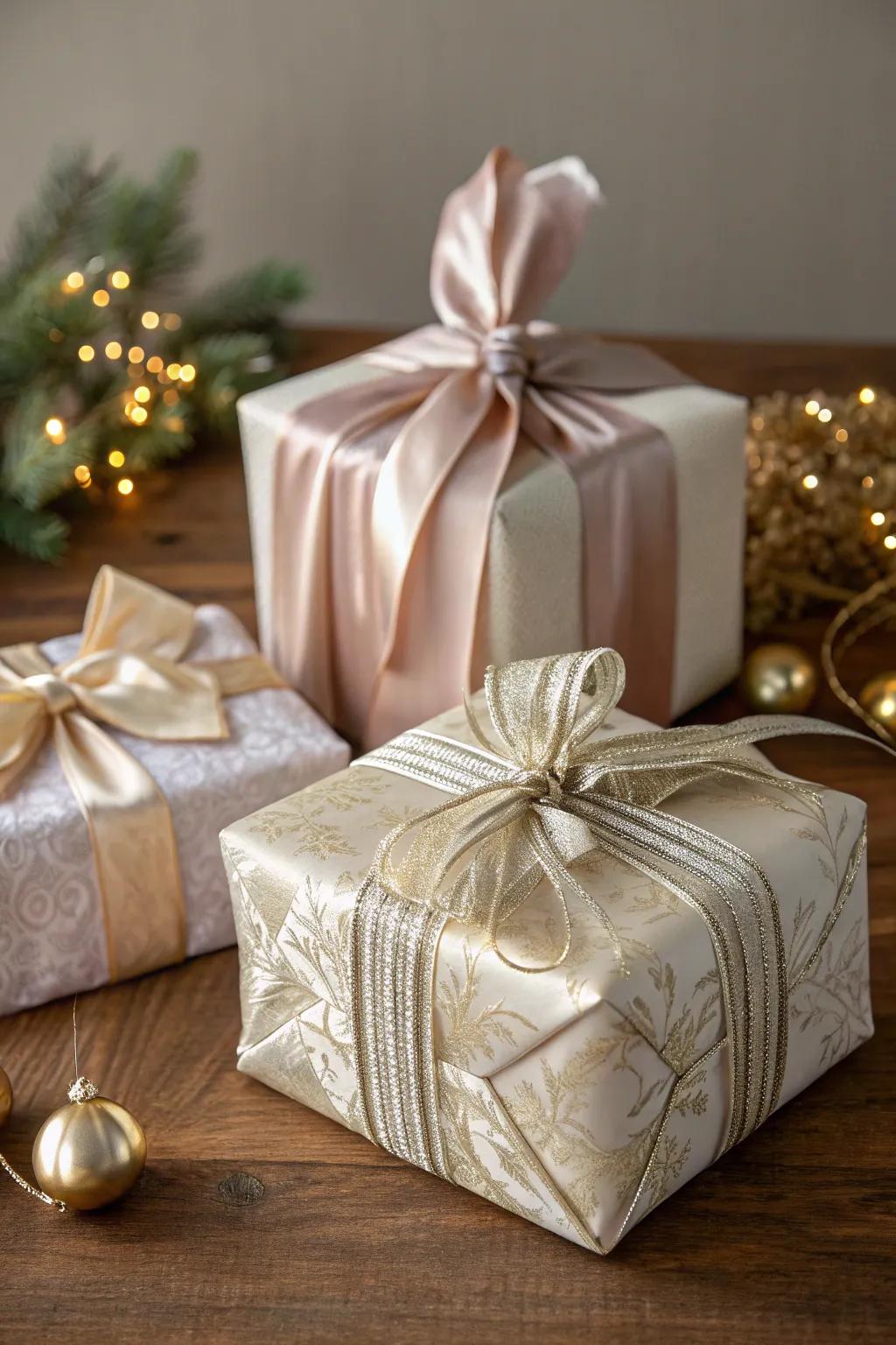 Elegantly wrapped gifts in fabric, offering a reusable option.
