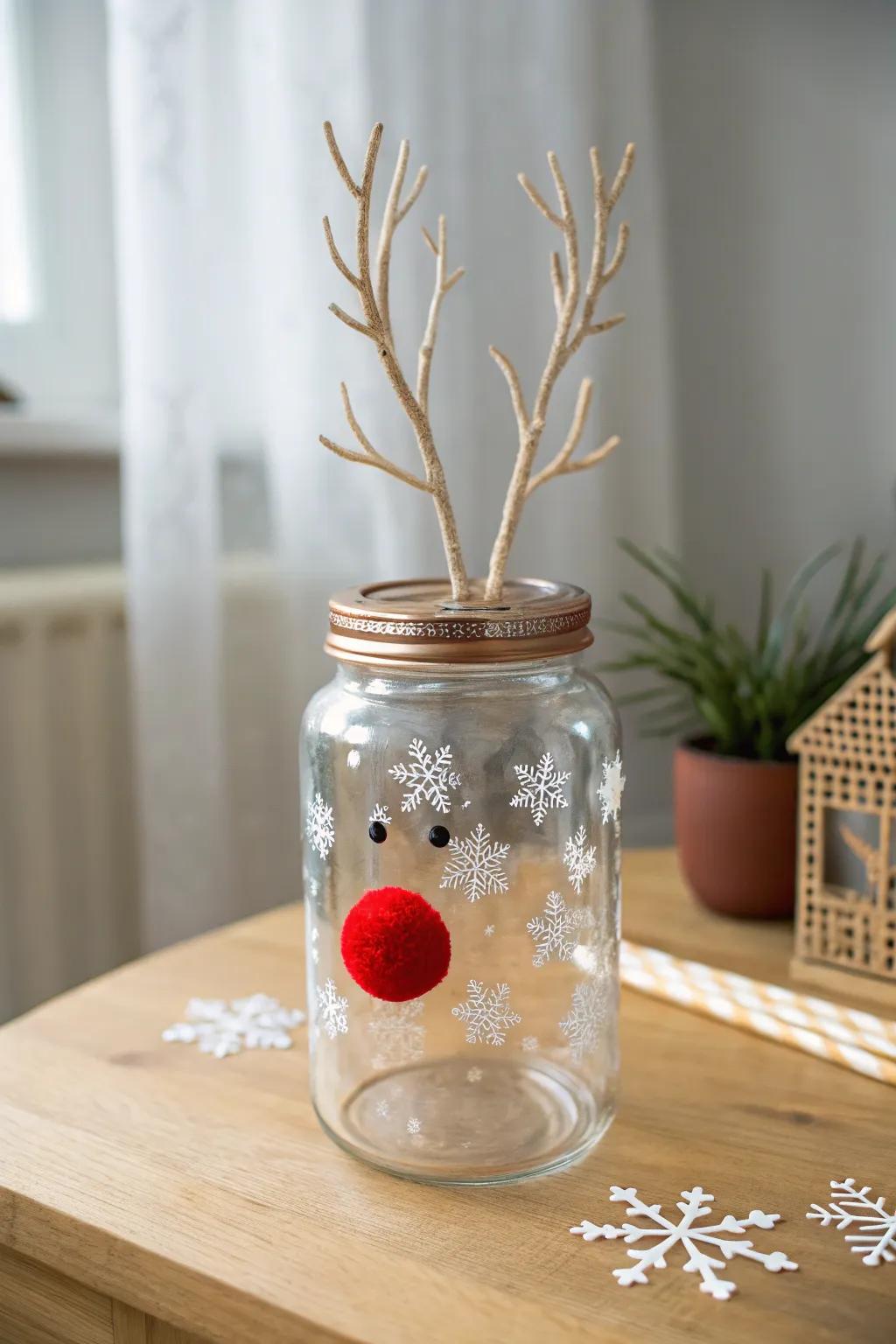 Brighten up your holiday décor with this charming reindeer tip jar—where your generosity helps Rudolph shine!