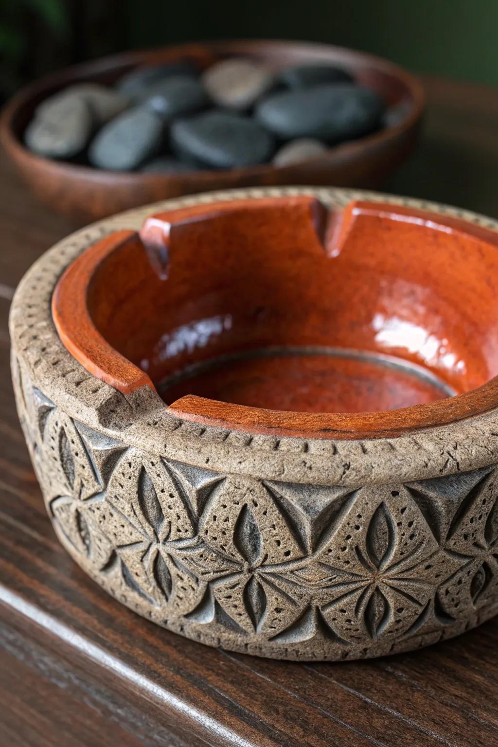 Explore the artistry of mixed textures with this stunning clay ashtray masterpiece.