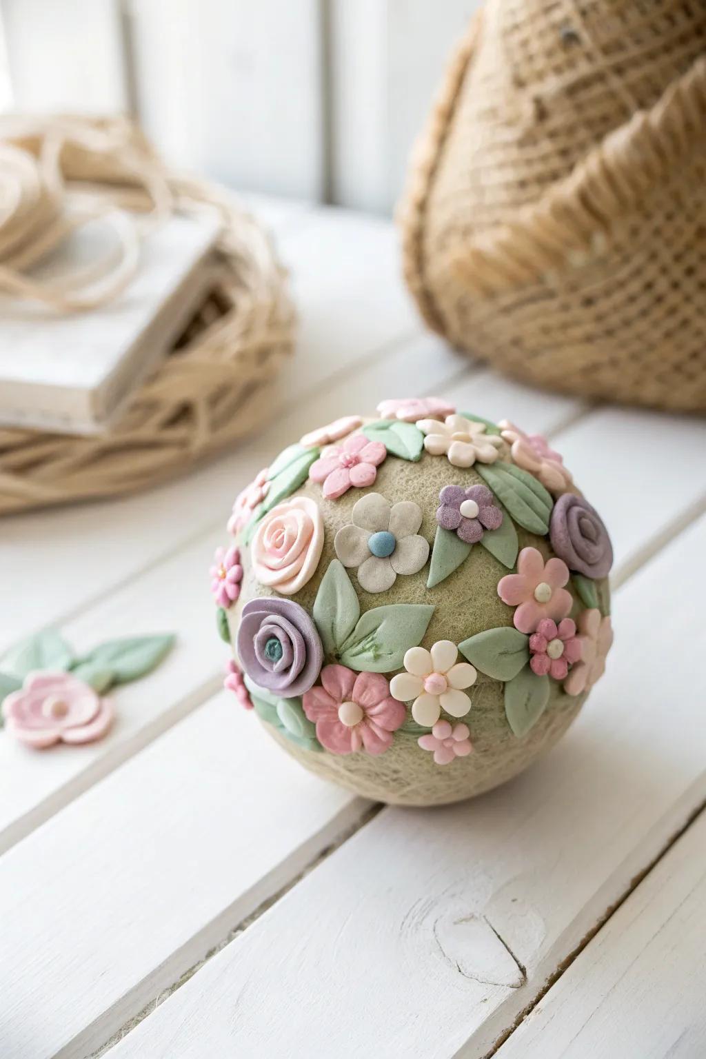 Whimsical elegance: delicate clay flowers transform a simple sphere into a stunning decor piece.