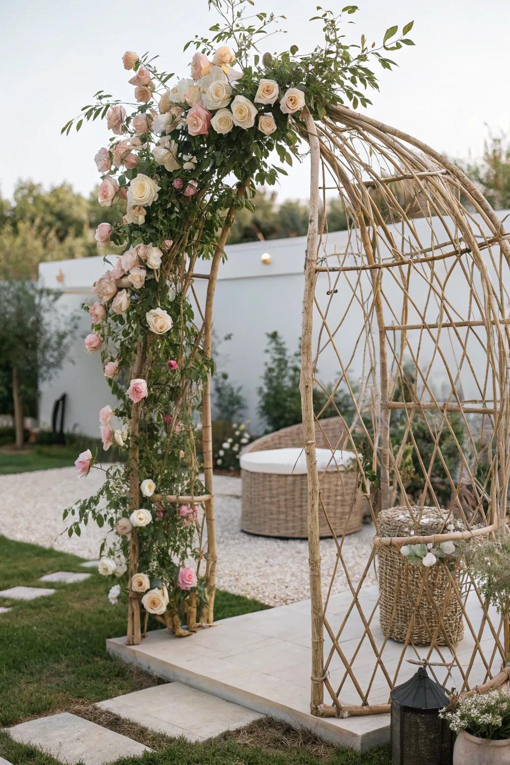 Embrace nature's artistry with a living willow structure, where climbing roses bloom into an enchanting garden sculpture.