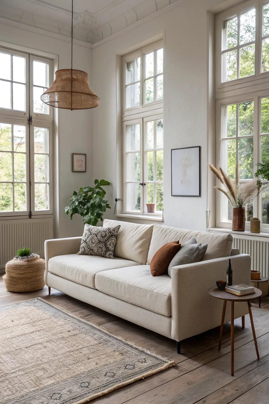 A floating sofa arrangement that enhances spatial perception.