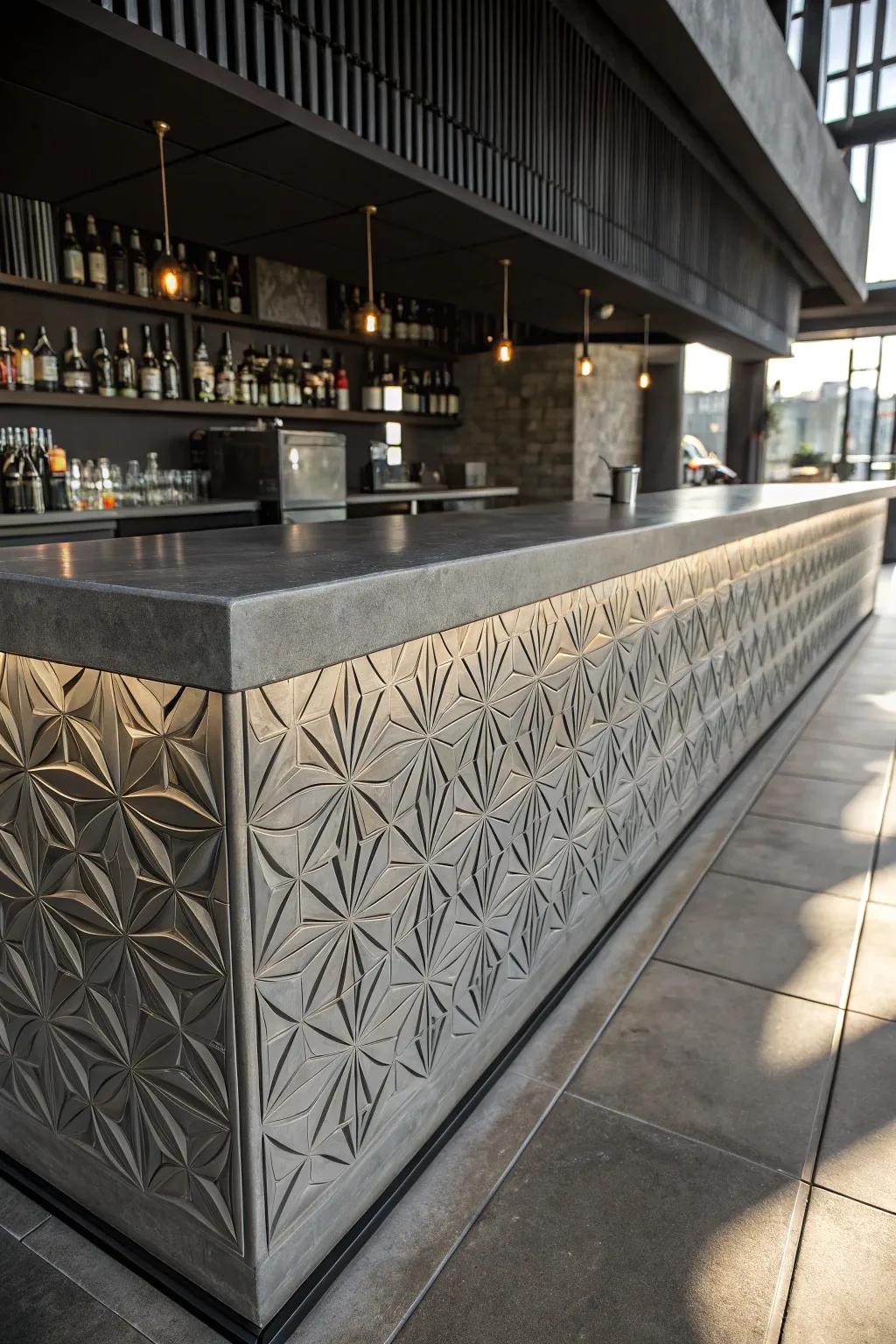 Transform your space with a striking geometric concrete bar top – where functionality meets art.