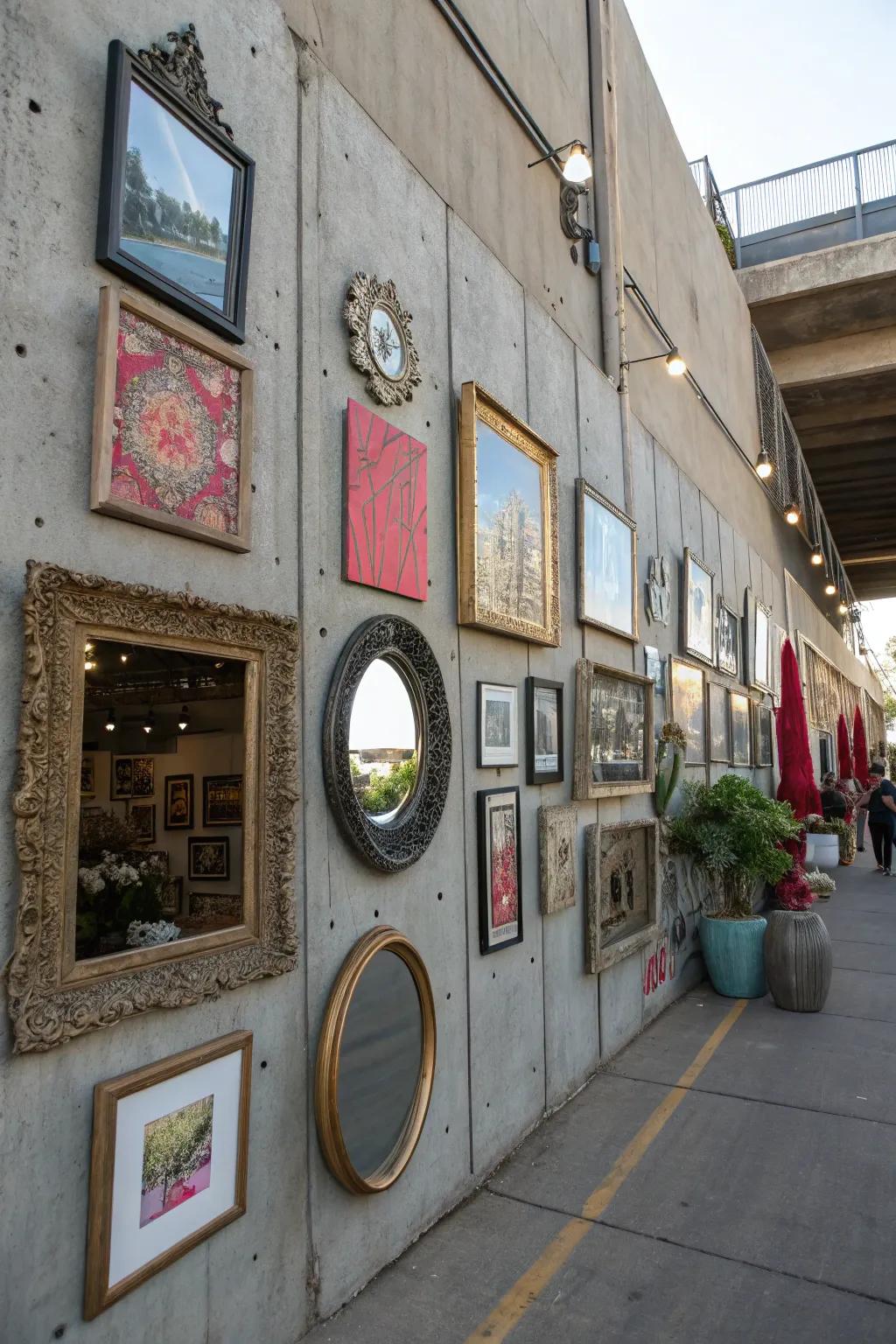 Decorative elements transform concrete walls into artful displays.