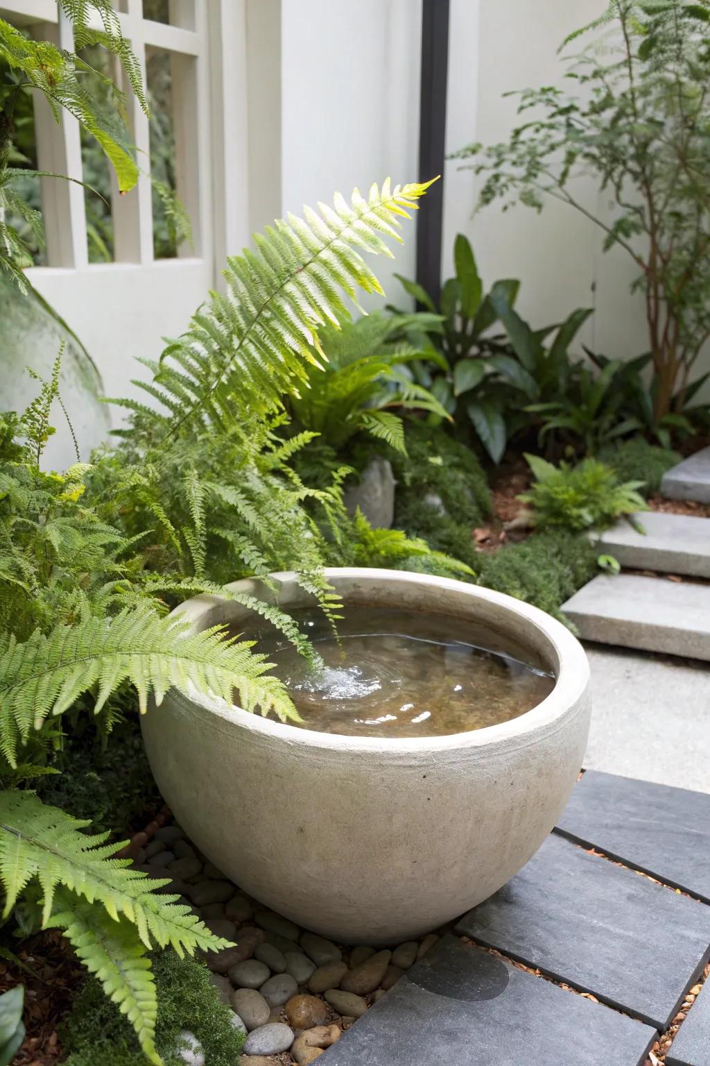Elevate your garden with a touch of natural elegance—let ferns frame your container pond for a seamless, soothing blend. 🌿✨