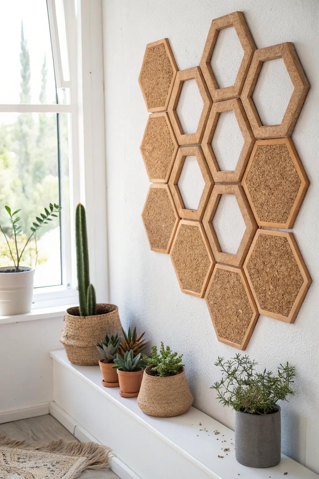 Transform your workspace with geometric cork board designs that blend minimalist elegance with natural beauty.